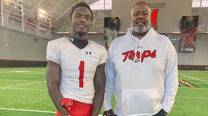 Maryland receiver Rakim Jarrett and coach Mike Locksley