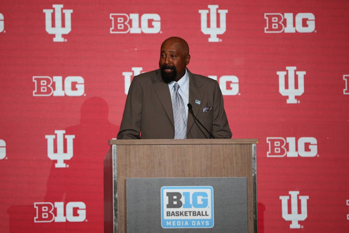 Indiana basketball coach Mike Woodson addresses the media during Big Ten Basketball Media Days on Tuesday in Minneapolis. He is in his second year as the head coach of his alma mater. (USA TODAY Sports)
