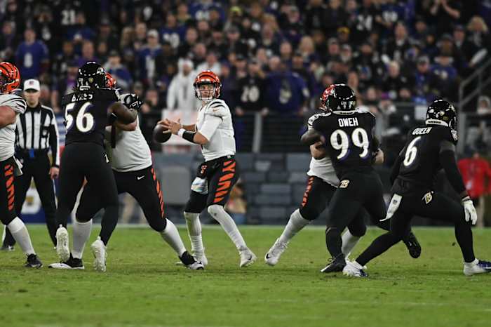 Oct 9, 2022; Baltimore, Maryland, USA; Cincinnati Bengals quarterback Joe Burrow (9) drops back to pass during the game against the Baltimore Ravens at M&T Bank Stadium. Mandatory Credit: Tommy Gilligan-USA TODAY Sports