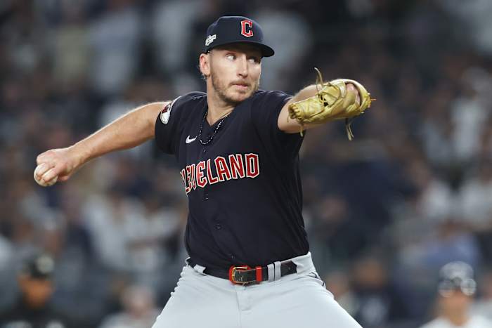 Cleveland Guardians relief pitcher Trevor Stephan (37) throws a pitch during the sixth inning against the New York Yankees in game one of the ALDS for the 2022 MLB Playoffs at Yankee Stadium. Brad Penner-USA TODAY Sports
