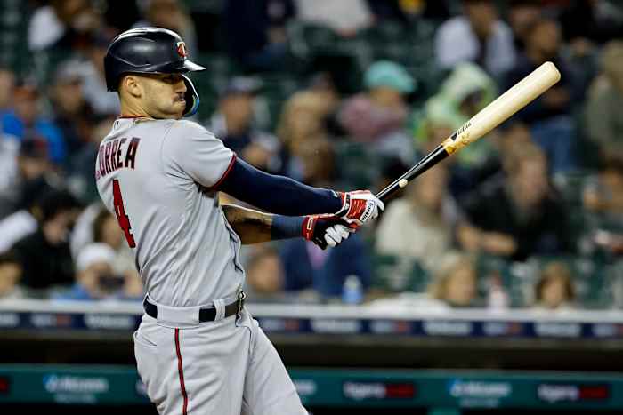 Twins shortstop Carlos Correa takes a swing during a game against the Tigers. (2022)