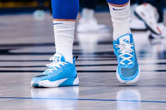 Blue and white Jordan Luka 1 shoes.