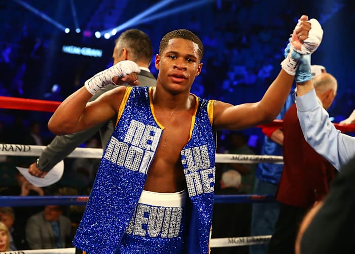 Devin Haney reacts after he is declared the winner against Rafael Vazquez at MGM Grand Garden Arena.