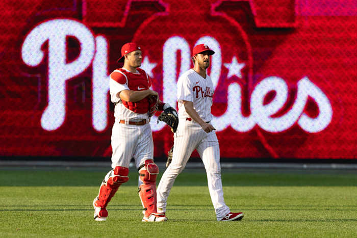 Aaron Nola and JT Realmuto ahead of a game at Citizens Bank Park
