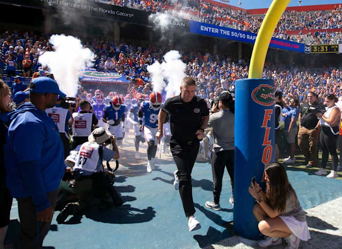 Florida Gators head coach Billy Napier out onto the field before the game between the Florida Gators and Eastern Washington Eagles at Steve Spurrier Field at Ben Hill Griffin Stadium in Gainesville, FL on Sunday, October 2, 2022.