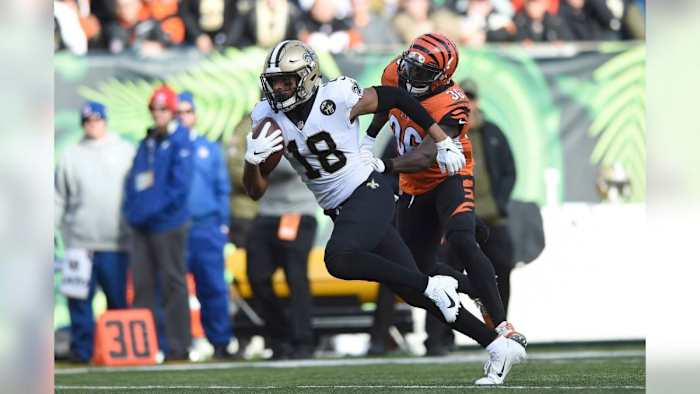 Saints WR Keith Kirkwood (18) makes a reception against the Cincinnati Bengals during his 2018 rookie season. Credit: Carolina Panthers website