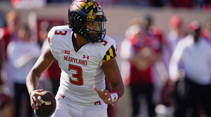 Maryland quarterback Taulia Tagovailoa looks to throw during the first half of an NCAA college football game against Indiana, Saturday, Oct. 15, 2022, in Bloomington, Ind. (AP Photo/Darron Cummings)