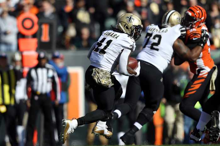 Nov 11, 2018; New Orleans Saints running back Alvin Kamara (41) against the Cincinnati Bengals. Mandatory Credit: Aaron Doster-USA TODAY