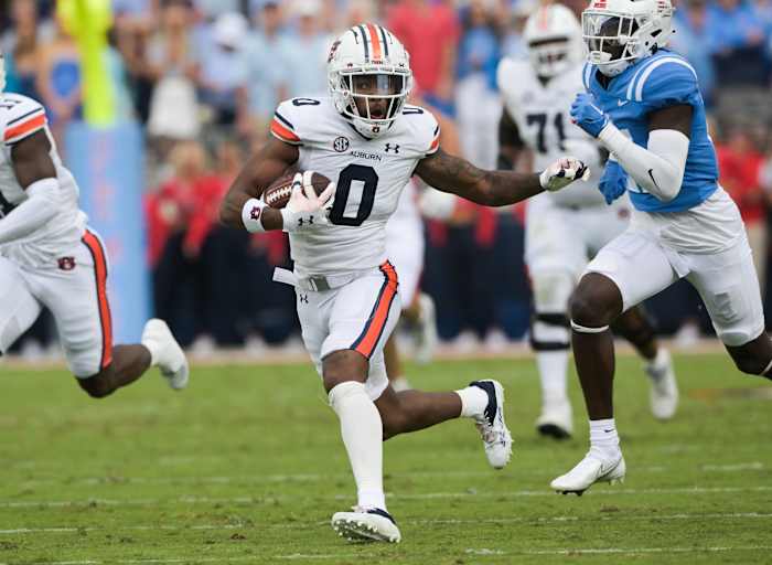 10/15/22; Oxford, MS, USA; Koy Moore (0) carry Auburn vs Ole Miss