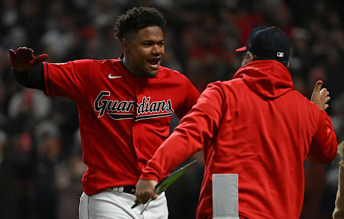 Oct 15, 2022; Cleveland, Ohio, USA; Cleveland Guardians right fielder Oscar Gonzalez (39) reacts after hitting the game-winning single against the New York Yankees in the ninth inning during game three of the NLDS for the 2022 MLB Playoffs at Progressive Field. Mandatory Credit: Ken Blaze-USA TODAY Sports