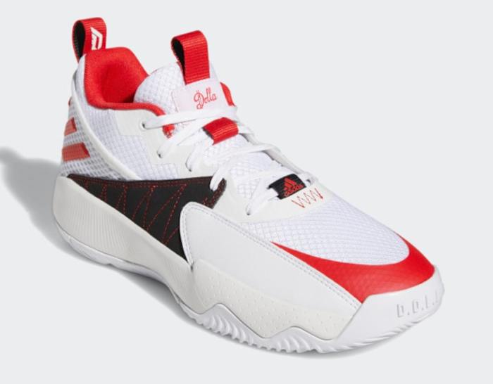 Damian Lillard's white, red, and black shoes.