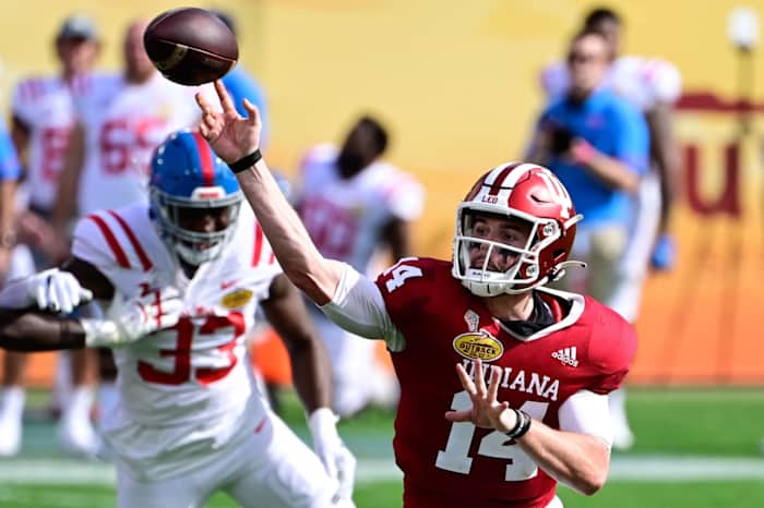 Indiana Hoosiers quarterback Jack Tuttle (14) looks to pass the ball during the first half against the Mississippi Rebels during the Outback Bowl at Raymond James Stadium.