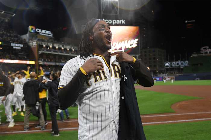 Josh Bell celebrates the San Diego Padres’ win.
