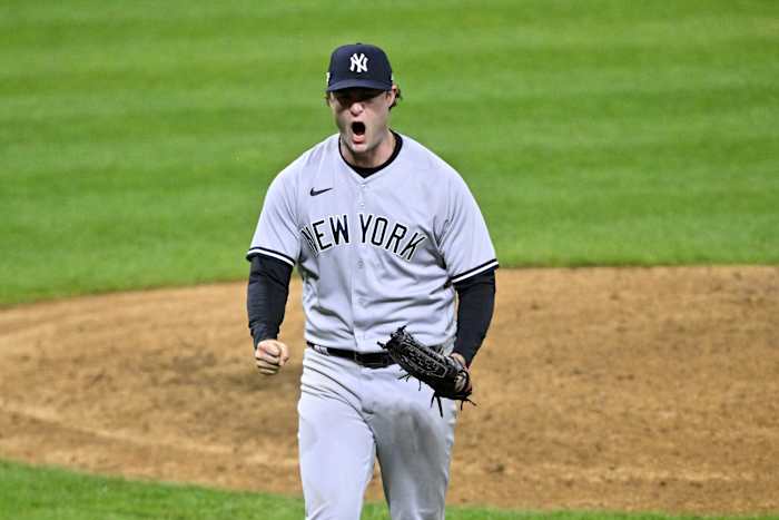 Gerrit Cole reacts after striking out a batter for the New York Yankees