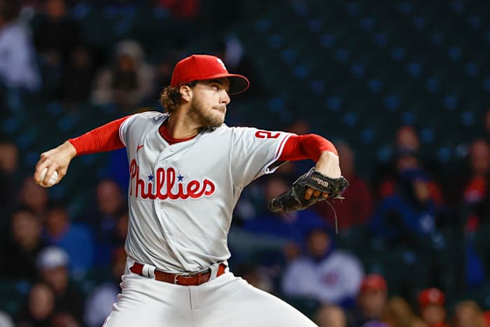 Phillies pitcher Aaron Nola goes to throw