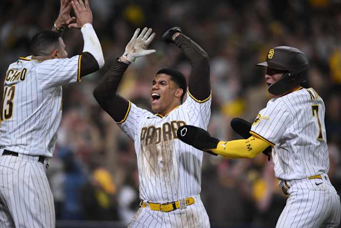 Juan Soto celebrates with his San Diego Padres teammates