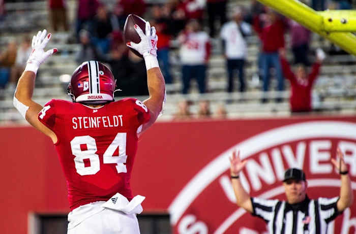Indiana's Aaron Steinfeldt (84) celebrates his touchdown during the Indiana versus Maryland football game at Memorial Stadium on Saturday, Oct. 15, 2022.