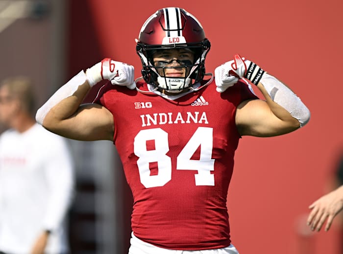 Indiana Hoosiers tight end Aaron Steinfeldt (84) flexes for the crowd during warm ups before the game against the Western Kentucky Hilltoppers at Memorial Stadium.