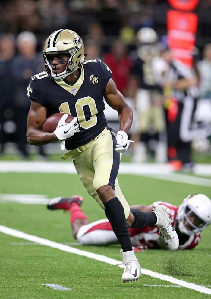 Aug 17, 2018; New Orleans Saints receiver Tre'Quan Smith (10) runs after a catch against the Arizona Cardinals. Mandatory Credit: Chuck Cook-USA TODAY Sports