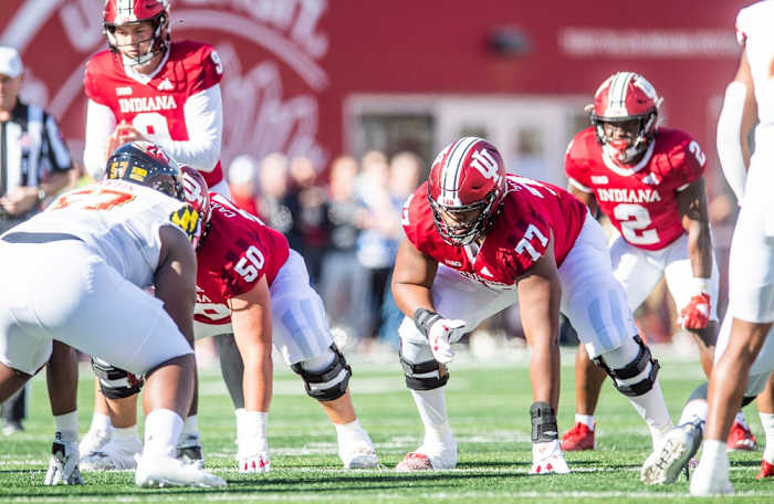 Indiana's Joshua Sales Jr. (77) lines up during the Indiana versus Maryland football game at Memorial Stadium on Saturday, Oct. 15, 2022.