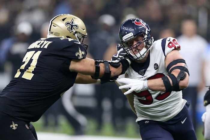 Sep 9, 2019; Houston Texans defensive end J.J. Watt (99) is blocked by New Orleans Saints offensive tackle Ryan Ramczyk (71). Mandatory Credit: Chuck Cook-USA TODAY Sports