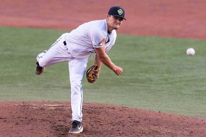 Conor Grammes throws a pitch for the Hillsboro Hops in 2019. Mandatory Credit: Christopher Oertell-Pamplin Media Group.