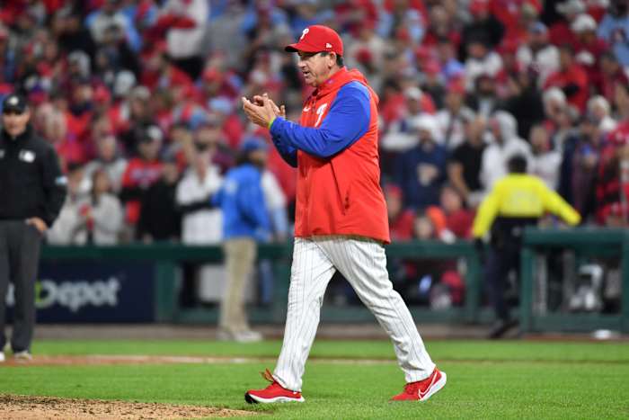 Phillies manager Rob Thomson walks to the mound vs. the Padres.