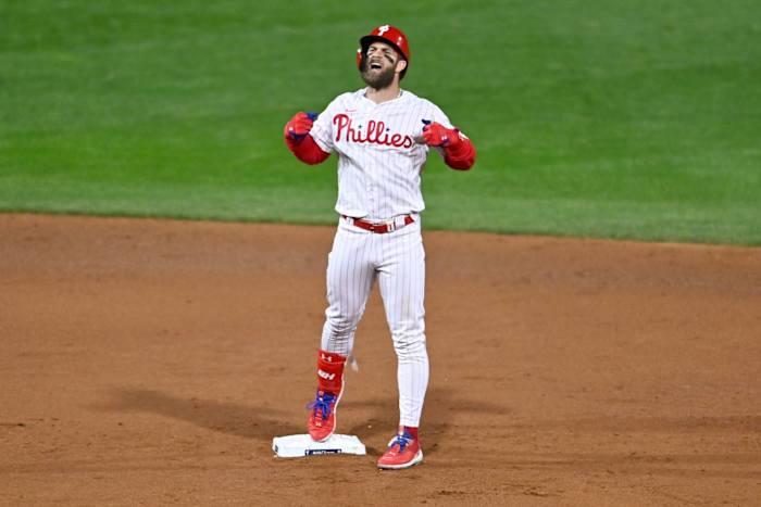 Philadelphia Phillies star Bryce Harper celebrates a hit during Game 4 of the 2022 NLCS