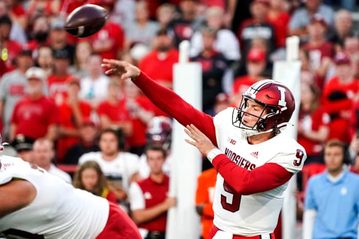 ndiana Hoosiers quarterback Connor Bazelak (9) passes against the Nebraska Cornhuskers during the first quarter at Memorial Stadium.