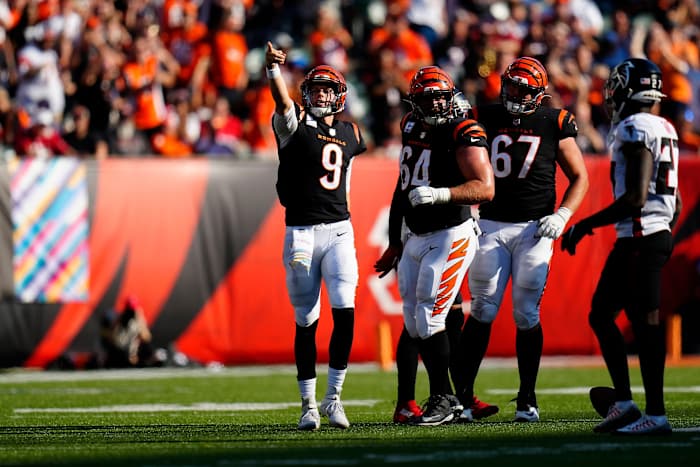 Cincinnati Bengals quarterback Joe Burrow (9) celebrates a first down after running a QB keeper in the fourth quarter of the NFL Week 7 game between the Cincinnati Bengals and the Atlanta Falcons at Paycor Stadium in downtown Cincinnati on Sunday, Oct. 23, 2022. The Bengals won 35-17. Mandatory Credit: Sam Greene-The Enquirer Atlanta Falcons At Cincinnati Bengals Nfl Week 7
