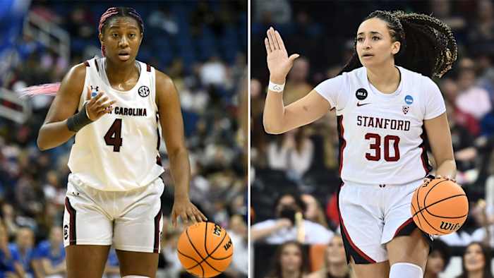 Split image of South Carolina’s Aliyah Boston and Stanford’s Haley Jones.