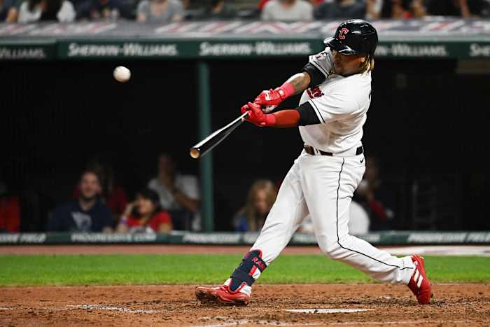 Aug 19, 2022; Cleveland, Ohio, USA; Cleveland Guardians third baseman Jose Ramirez (11) hits a home run during the sixth inning against the Chicago White Sox at Progressive Field. Mandatory Credit: Ken Blaze-USA TODAY Sports