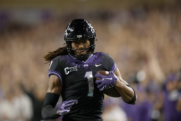 Oct 22, 2022; Fort Worth, Texas, USA; TCU Horned Frogs wide receiver Quentin Johnston (1) scores a touchdown against the Kansas State Wildcats in the third quarter at Amon G. Carter Stadium. Mandatory Credit: Tim Heitman-USA TODAY Sports