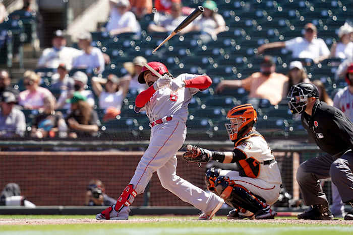 Angels infielder Anthony Rendon breaks his bat in a swing during a game against the SF Giants. (2021)