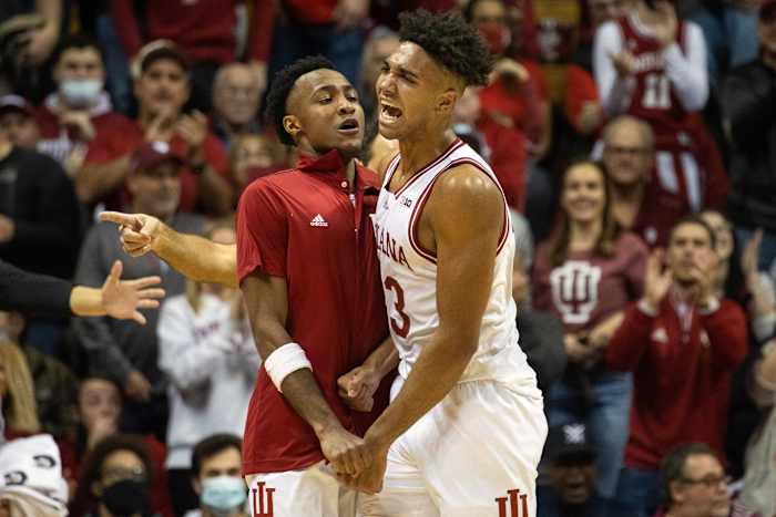 Indiana forward Trayce Jackson-Davis (23) celebrates with guard Tamar Bates (53) in the second half against Marshall at Simon Skjodt Assembly Hall last season.