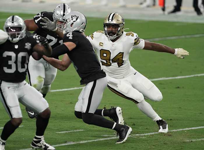 Sep 21, 2020; Las Vegas Raiders defensive end Cam Jordan (94) pressures Las Vegas Raiders quarterback Derek Carr (4). Mandatory Credit: Kirby Lee-USA TODAY Sports