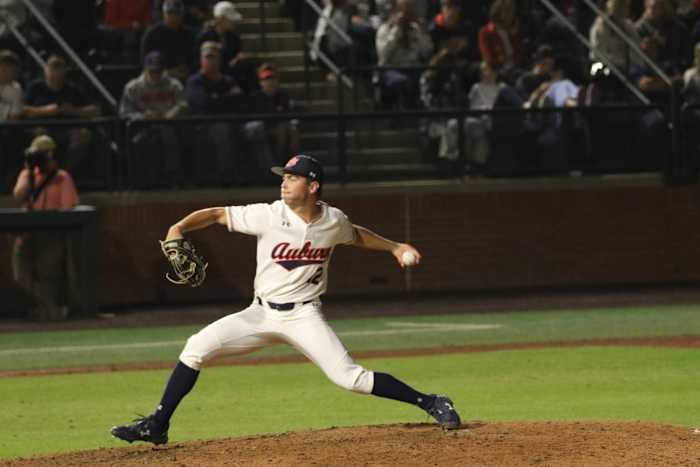 Drew Nelson pitching for Auburn baseball.