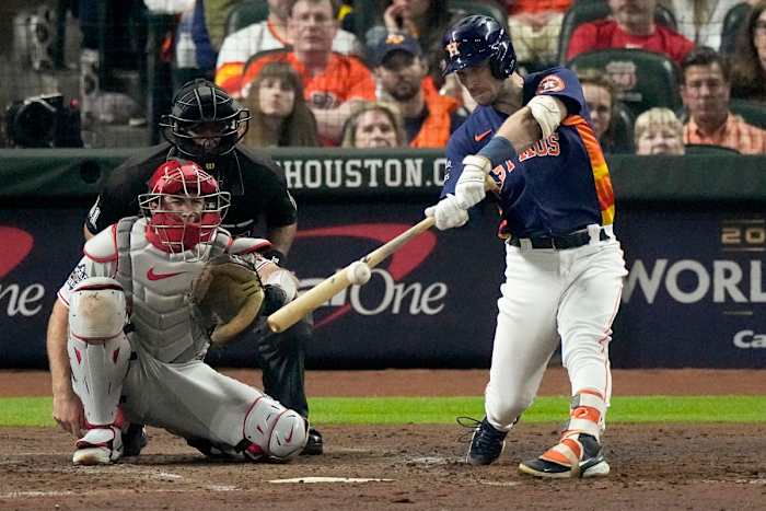 Astros third baseman Alex Bregman hits a two-run home run in the fifth inning of World Series Game 2 vs. the Phillies.