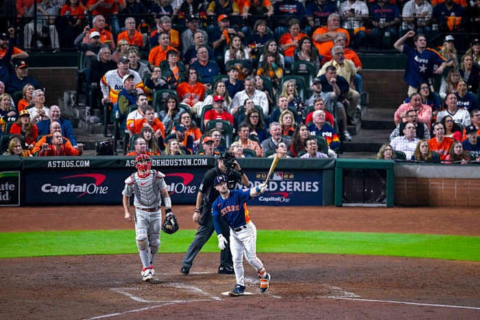 Astros third baseman Alex Bregman poses as he watches his two-run home run against the Phillies in Game 2 of the World Series.
