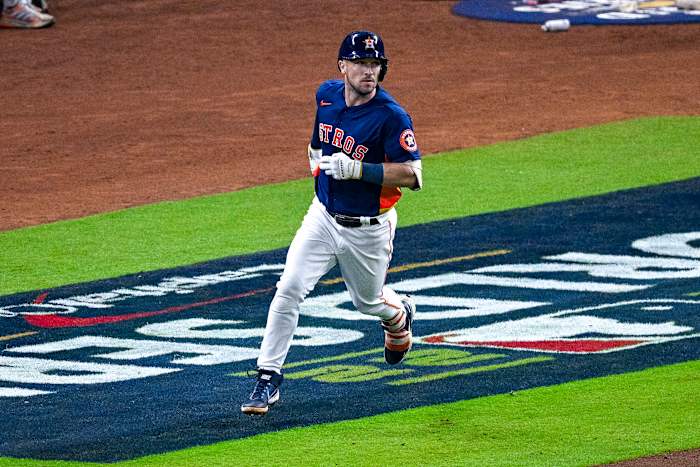 Alex Bregman rounds the bases after hitting a home run in Game 2 of the World Series.