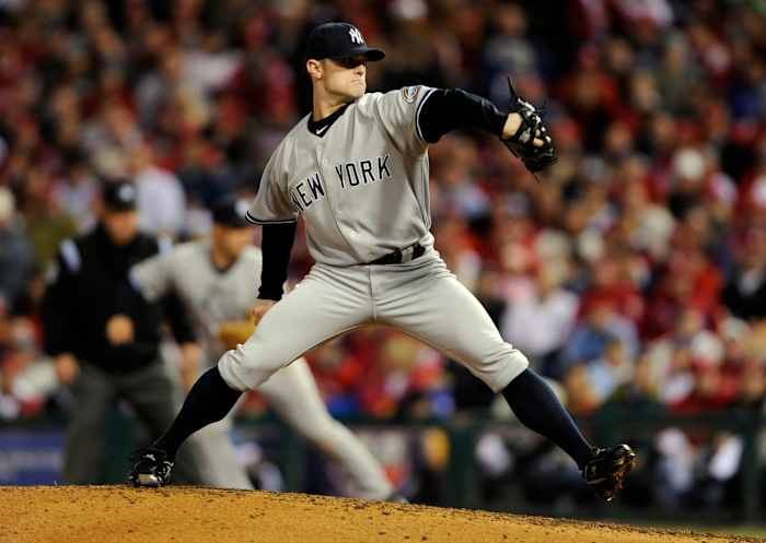 David Robertson throws a pitch in the 2009 World Series at Citizens Bank Park.