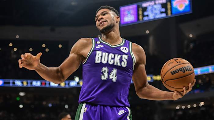Bucks’ Giannis Antetokounmpo reacts to call from the refs.