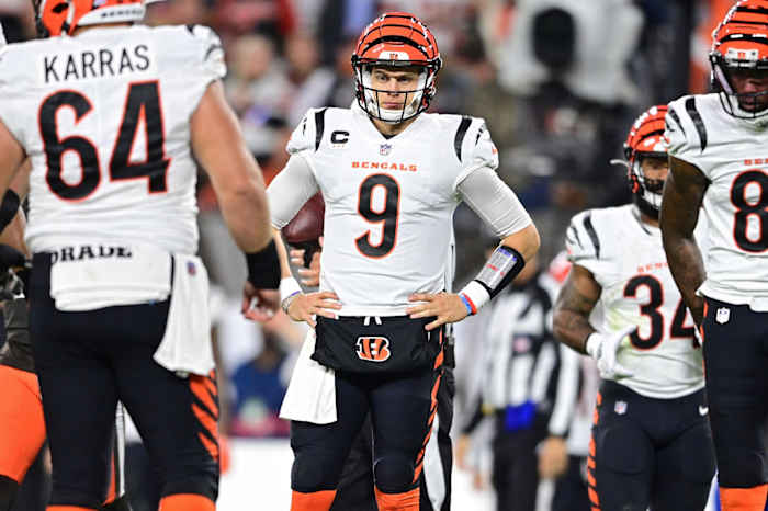 Oct 31, 2022; Cleveland, Ohio, USA; Cincinnati Bengals quarterback Joe Burrow (9) stands near the huddle in the third quarter against the Cleveland Browns at FirstEnergy Stadium. Mandatory Credit: David Dermer-USA TODAY Sports