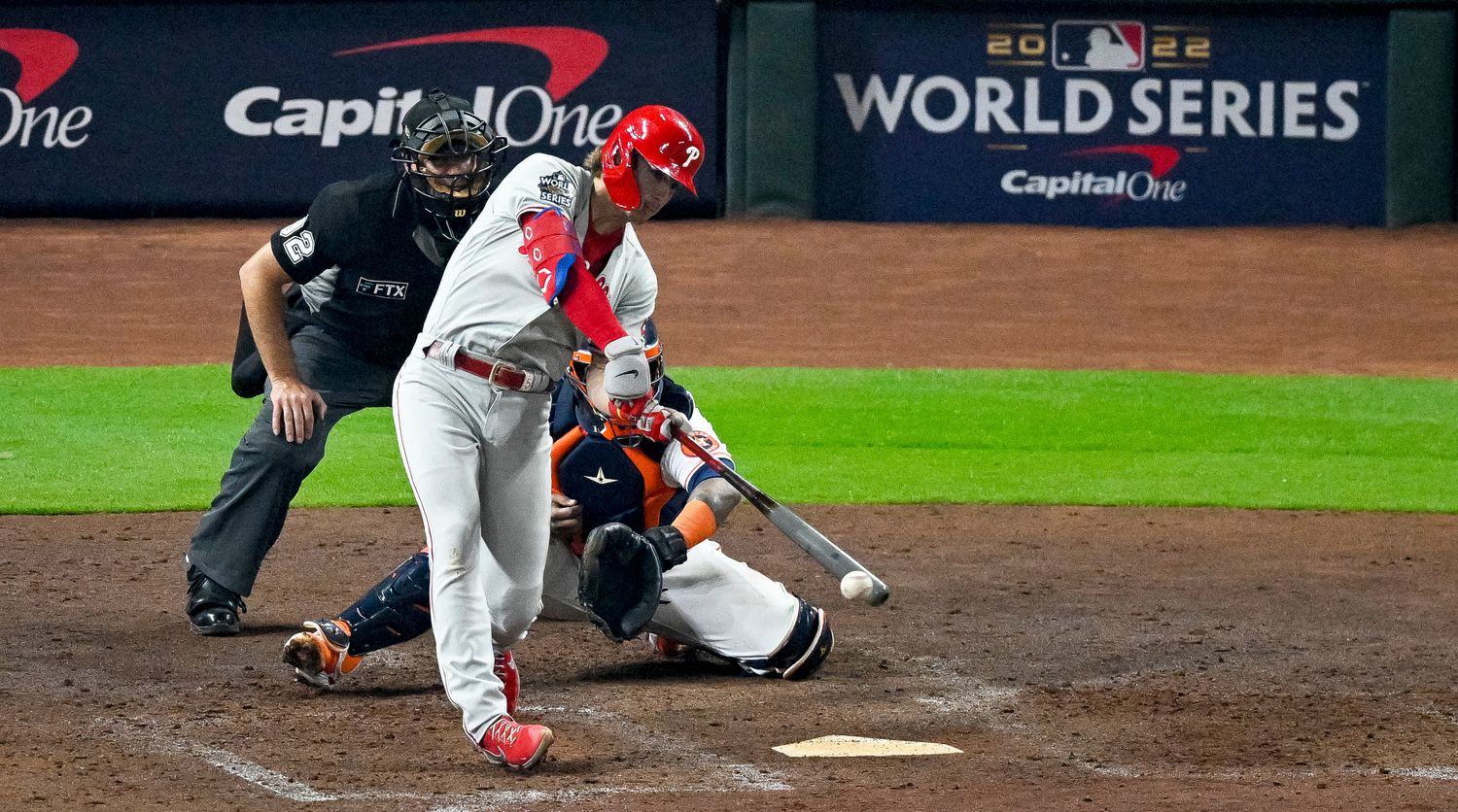 Phillies shortstop Bryson Stott bats in the World Series.