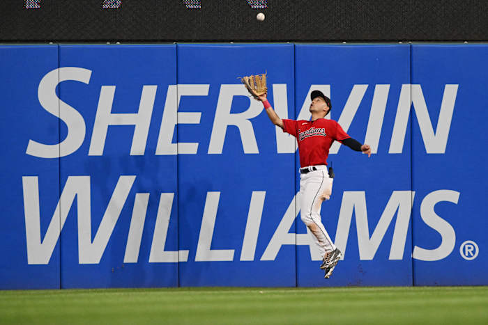 Jul 15, 2022; Cleveland, Ohio, USA; Cleveland Guardians left fielder Steven Kwan (38) catches a ball hit by Detroit Tigers shortstop Javier Baez (not pictured) during the seventh inning at Progressive Field. Mandatory Credit: Ken Blaze-USA TODAY Sports