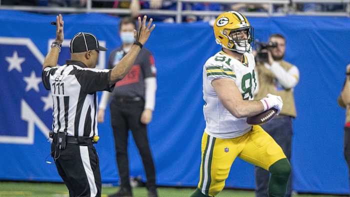 Josiah Deguara scored a 62-yard touchdown at Detroit last season. (Photo by David Reginek/USA Today Sports Images)