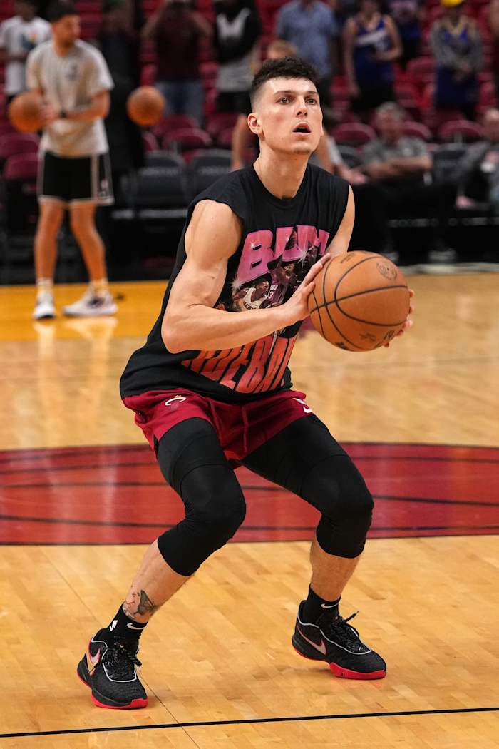 Heat guard Tyler Herro warms up before a game.