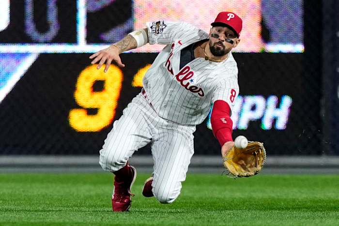 Philadelphia Phillies right fielder Nick Castellanos makes a diving catch during Game 3 of the 2022 World Series.