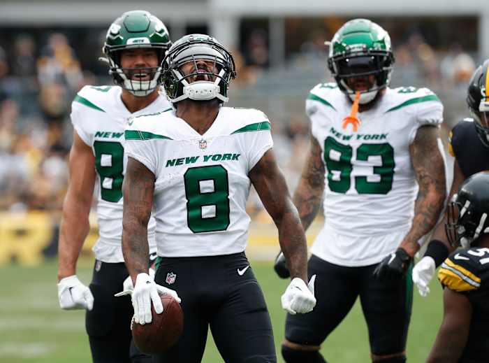 New York Jets wide receiver Elijah Moore (8) reacts after a catch against the Pittsburgh Steelers during the first quarter at Acrisure Stadium.