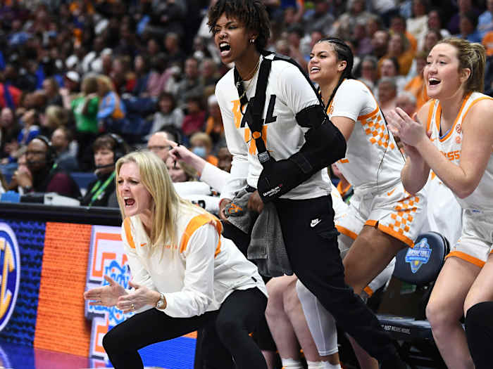 Tennessee basketball coach Kellie Harper, Tennessee Vols women's basketball, SEC basketball tournament, sideline reaction